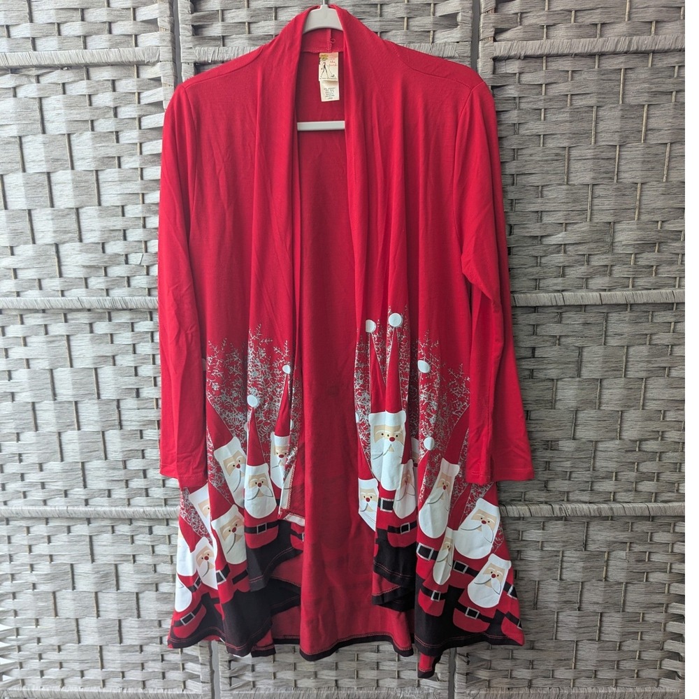 A Walk In The Park Cardigan Red Santa Claus Holiday Open Front Sz L Art to Wear